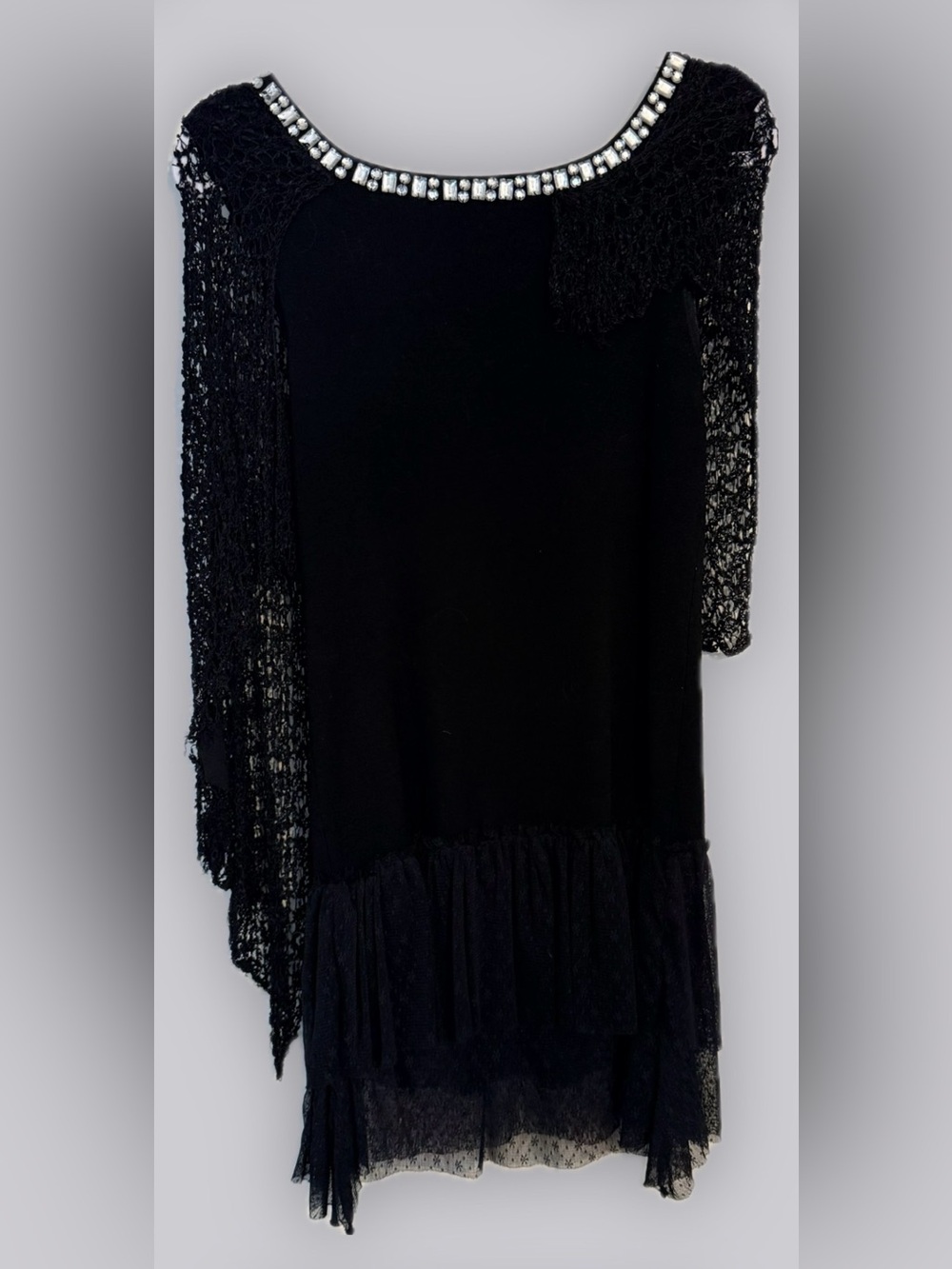 Modern 1920s Style Black Crochet Poncho Drop-Waist Flapper Mini Dress
